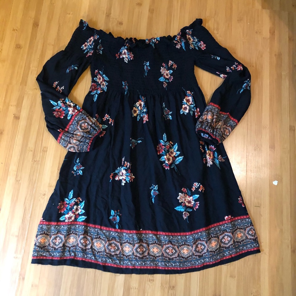 Long sleeve, off the shoulder black floral dress